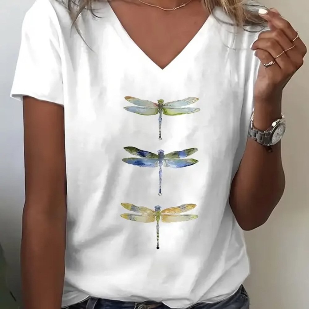 - White Dragonfly Print V-Neck Women's Top